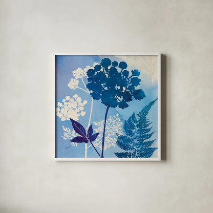 Blue Sky Garden IV by Studio Mousseau. Shown in a crisp white glass frame for a clean and minimalist style. Available as an archival giclee rolled canvas, fine art paper, or poster print. SKU 34636a.