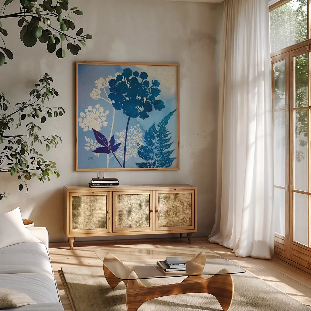 Blue Sky Garden IV by Studio Mousseau. Shown in a natural wood frame in a cozy modern living room. Available as an archival giclee rolled canvas, fine art paper, or poster print. SKU 34636a.