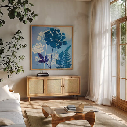 Blue Sky Garden IV by Studio Mousseau. Shown in a natural wood frame in a cozy modern living room. Available as an archival giclee rolled canvas, fine art paper, or poster print. SKU 34636a.