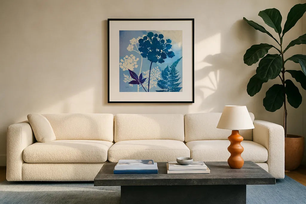 Blue Sky Garden IV by Studio Mousseau. Displayed in a glass frame with matte in a clean modern living room. Available as an archival giclee rolled canvas, fine art paper, or poster print. SKU 34636a.