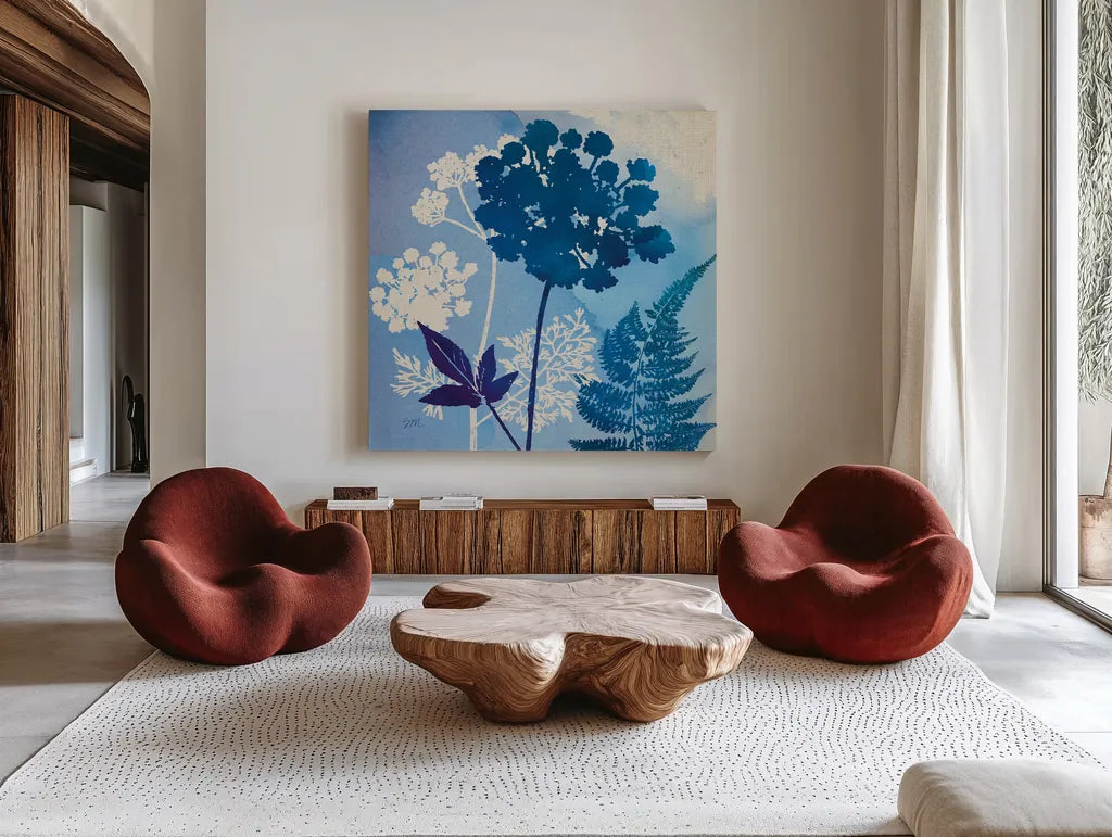 Blue Sky Garden IV by Studio Mousseau. Shown as extra-large giant wall art in a modern living room. Available as an archival giclee rolled canvas, fine art paper, or poster print. SKU 34636a.