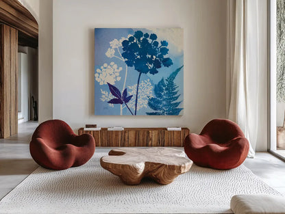 Blue Sky Garden IV by Studio Mousseau. Shown as extra-large giant wall art in a modern living room. Available as an archival giclee rolled canvas, fine art paper, or poster print. SKU 34636a.