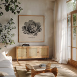 Burlap Vegetable BW Sketch Lettuce by Studio Mousseau. Shown in a natural wood frame in a cozy modern living room. Available as an archival giclee rolled canvas, fine art paper, or poster print. SKU 39347a.