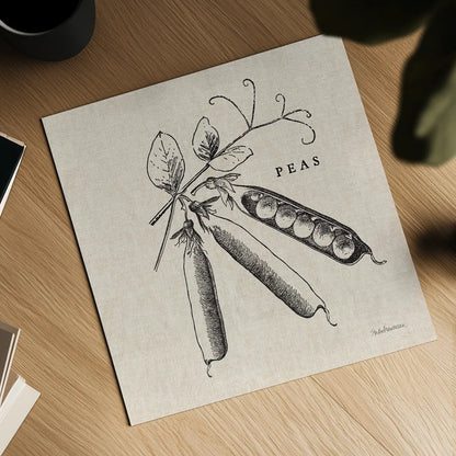 Burlap Vegetable BW Sketch Peas by Studio Mousseau. Shown as a detailed flat fine art print, highlighting archival giclee quality. Available as an archival giclee rolled canvas, fine art paper, or poster print. SKU 39353a.