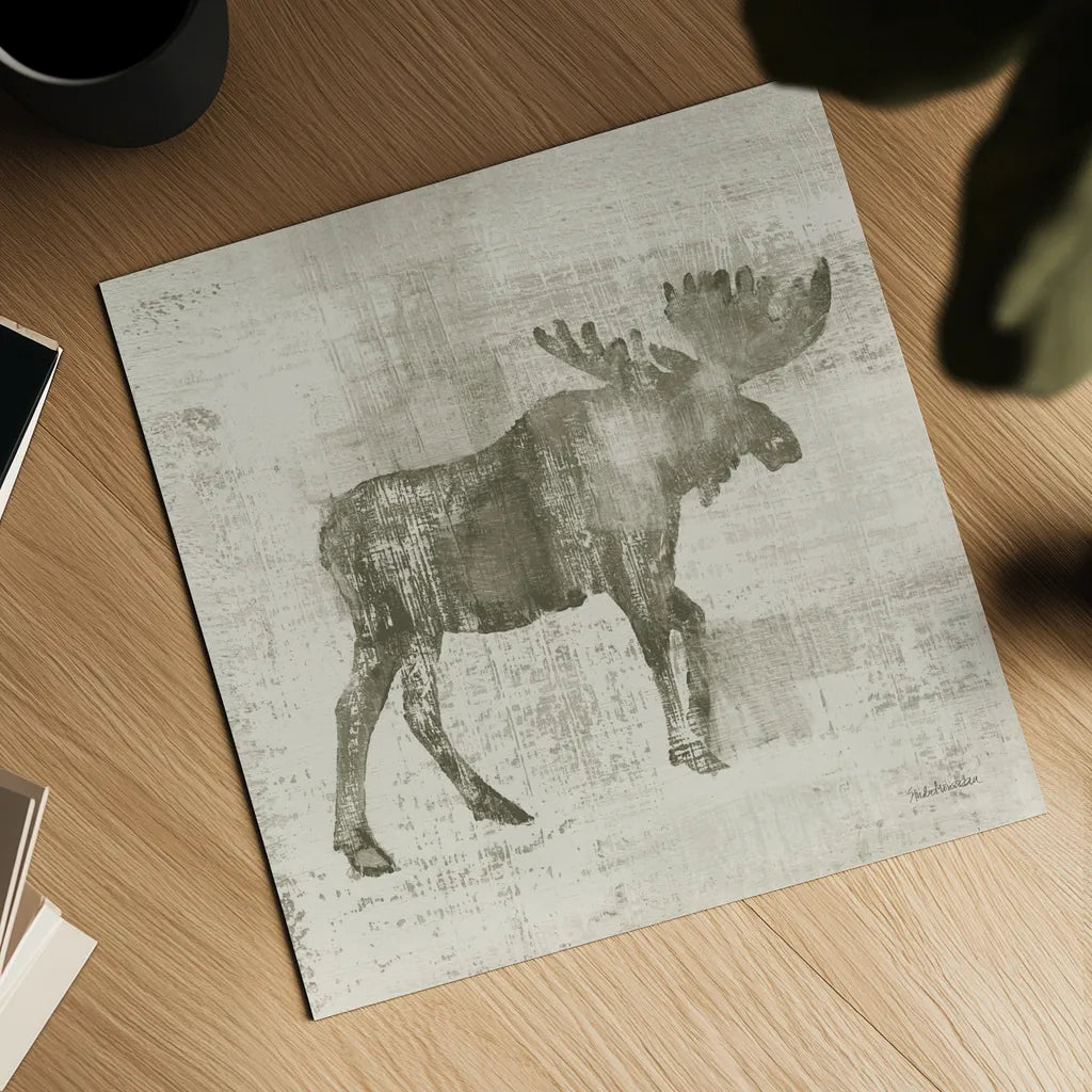 Cabin Moose Study by Studio Mousseau. Shown as a detailed flat fine art print, highlighting archival giclee quality. Available as an archival giclee rolled canvas, fine art paper, or poster print. SKU 85455a.