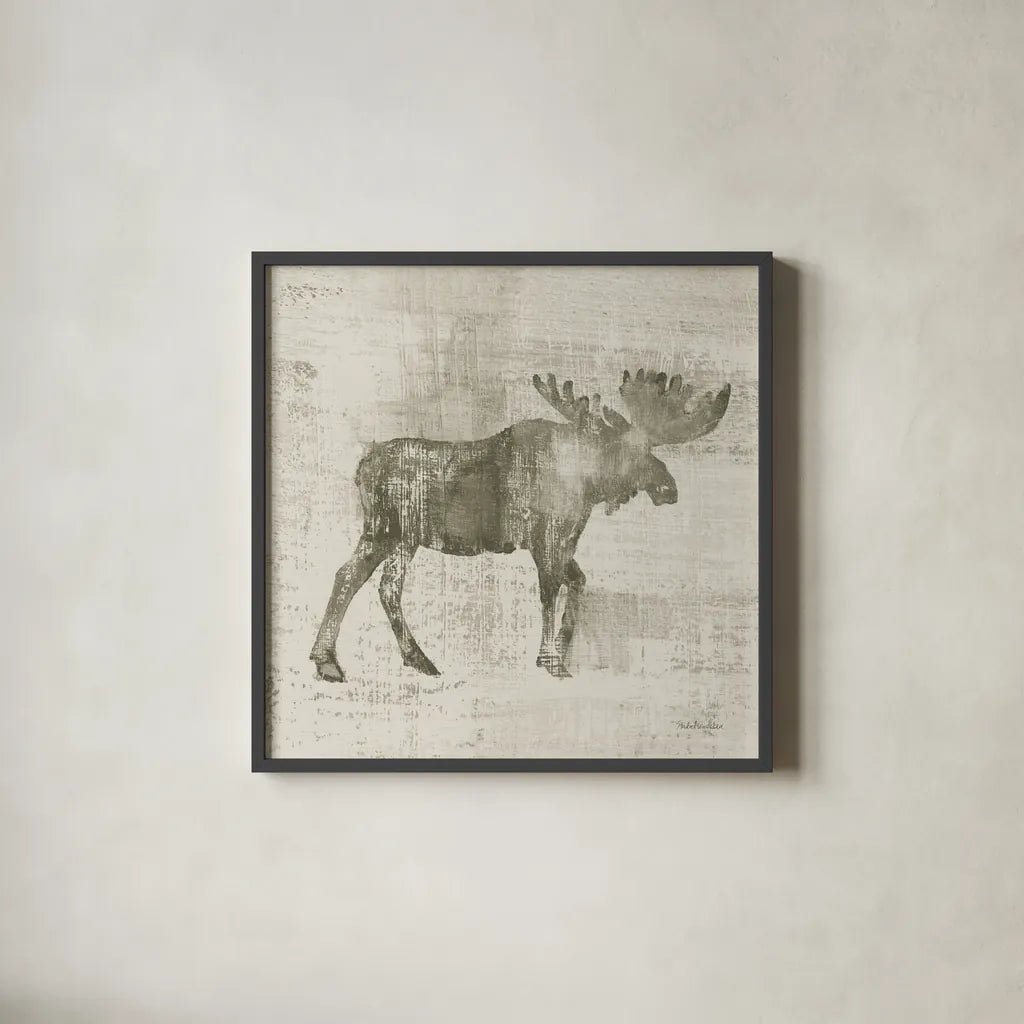 Cabin Moose Study by Studio Mousseau. Shown in a sleek black glass frame for a contemporary gallery look. Available as an archival giclee rolled canvas, fine art paper, or poster print. SKU 85455a.