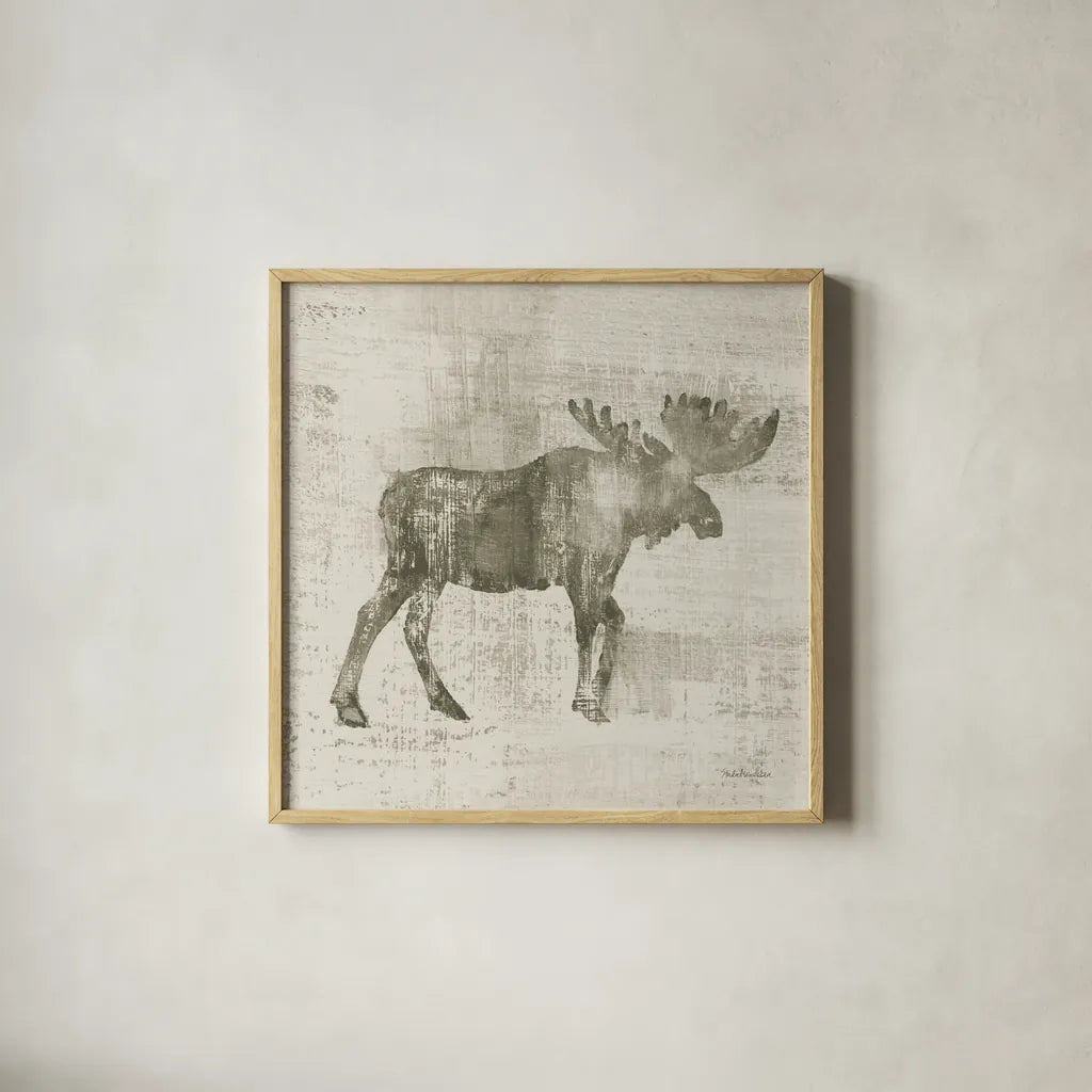 Cabin Moose Study by Studio Mousseau. Shown in a natural wood glass frame for a timeless modern aesthetic. Available as an archival giclee rolled canvas, fine art paper, or poster print. SKU 85455a.
