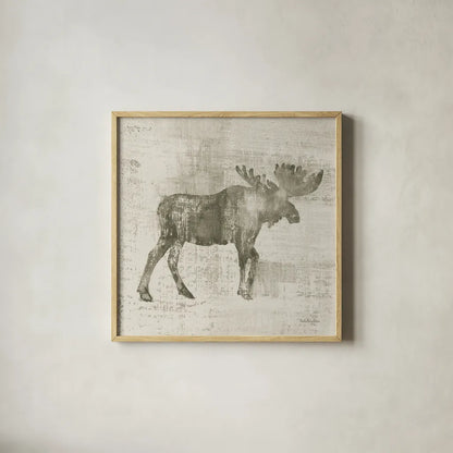 Cabin Moose Study by Studio Mousseau. Shown in a natural wood glass frame for a timeless modern aesthetic. Available as an archival giclee rolled canvas, fine art paper, or poster print. SKU 85455a.
