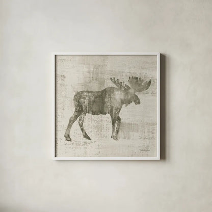 Cabin Moose Study by Studio Mousseau. Shown in a crisp white glass frame for a clean and minimalist style. Available as an archival giclee rolled canvas, fine art paper, or poster print. SKU 85455a.