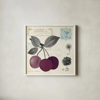 Cherry Notes by Studio Mousseau. Shown in a crisp white glass frame for a clean and minimalist style. Available as an archival giclee rolled canvas, fine art paper, or poster print. SKU 10741a.