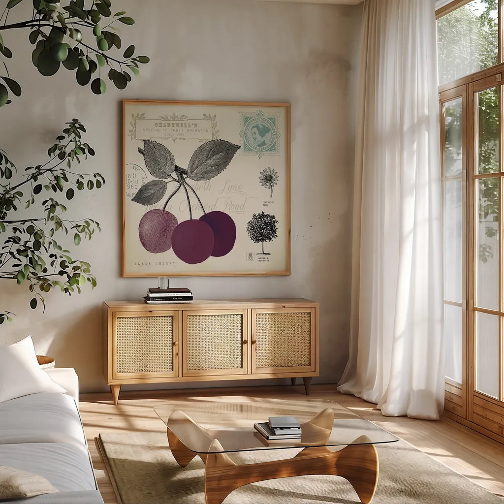 Cherry Notes by Studio Mousseau. Shown in a natural wood frame in a cozy modern living room. Available as an archival giclee rolled canvas, fine art paper, or poster print. SKU 10741a.