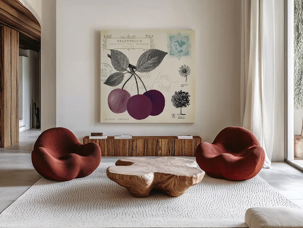 Cherry Notes by Studio Mousseau. Shown as extra-large giant wall art in a modern living room. Available as an archival giclee rolled canvas, fine art paper, or poster print. SKU 10741a.