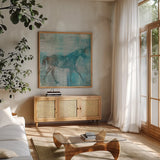 Cheval I by Studio Mousseau. Shown in a natural wood frame in a cozy modern living room. Available as an archival giclee rolled canvas, fine art paper, or poster print. SKU 32506a.