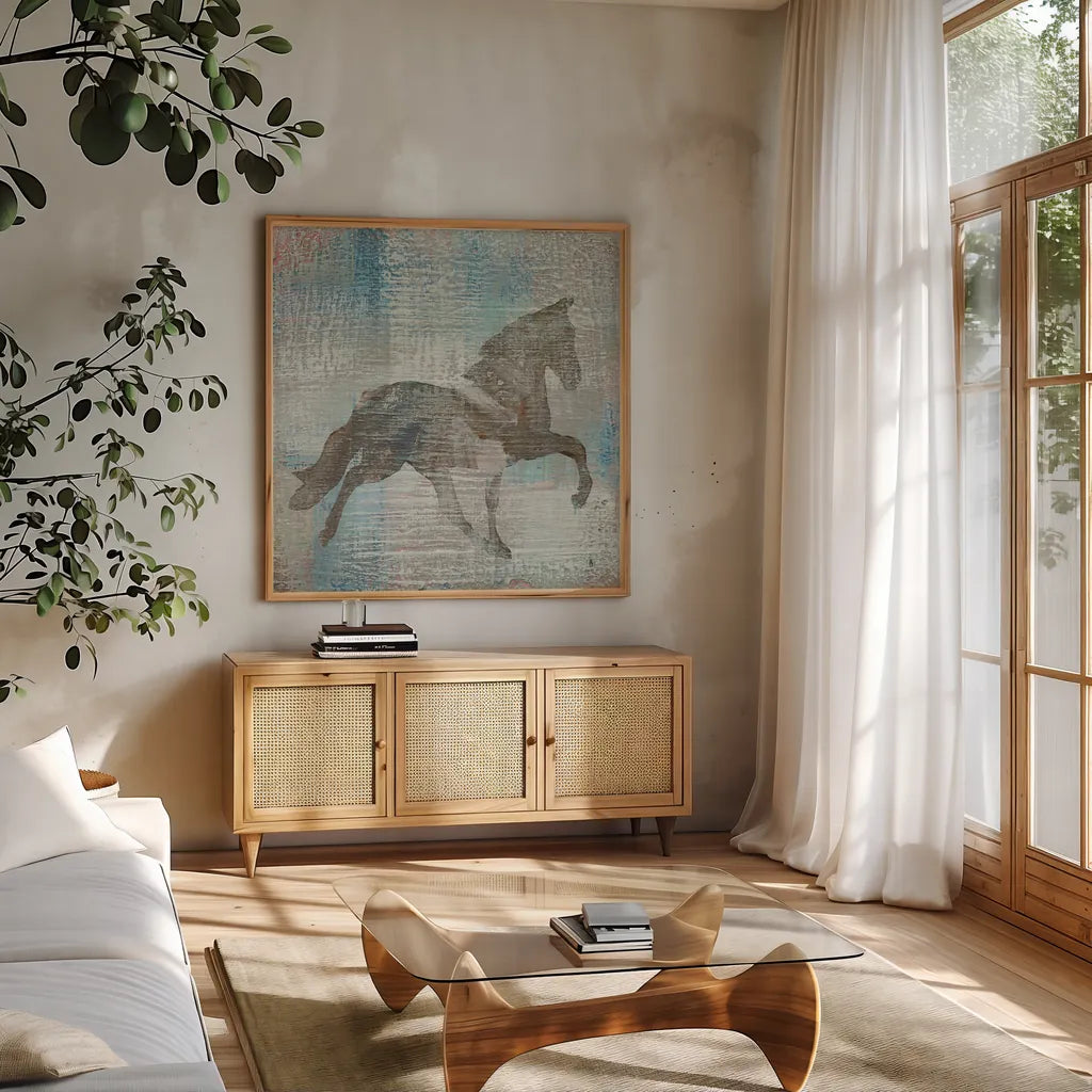 Cheval II Brown by Studio Mousseau. Shown in a natural wood frame in a cozy modern living room. Available as an archival giclee rolled canvas, fine art paper, or poster print. SKU 35991a.