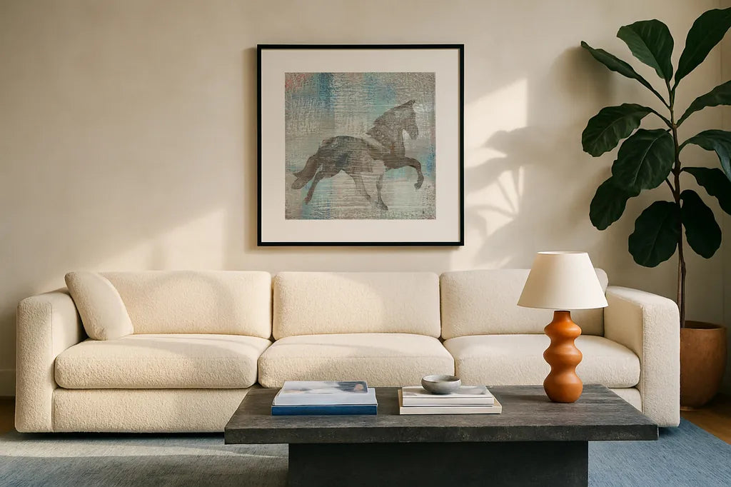 Cheval II Brown by Studio Mousseau. Displayed in a glass frame with matte in a clean modern living room. Available as an archival giclee rolled canvas, fine art paper, or poster print. SKU 35991a.