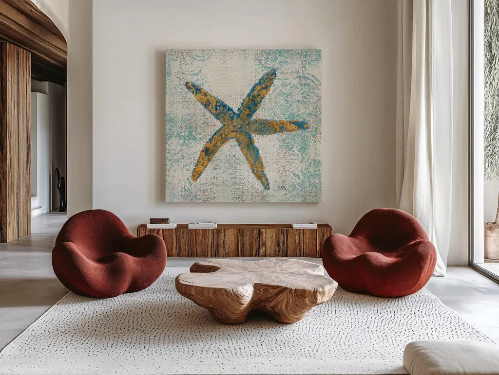 Coastal Beauty  I by Studio Mousseau. Shown as extra-large giant wall art in a modern living room. Available as an archival giclee rolled canvas, fine art paper, or poster print. SKU 13289a.