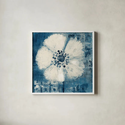 Daisy for Barbara Blue Crop by Studio Mousseau. Shown in a crisp white glass frame for a clean and minimalist style. Available as an archival giclee rolled canvas, fine art paper, or poster print. SKU 36446a.