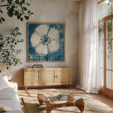 Daisy for Barbara Blue Crop by Studio Mousseau. Shown in a natural wood frame in a cozy modern living room. Available as an archival giclee rolled canvas, fine art paper, or poster print. SKU 36446a.