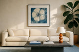 Daisy for Barbara Blue Crop by Studio Mousseau. Displayed in a glass frame with matte in a clean modern living room. Available as an archival giclee rolled canvas, fine art paper, or poster print. SKU 36446a.