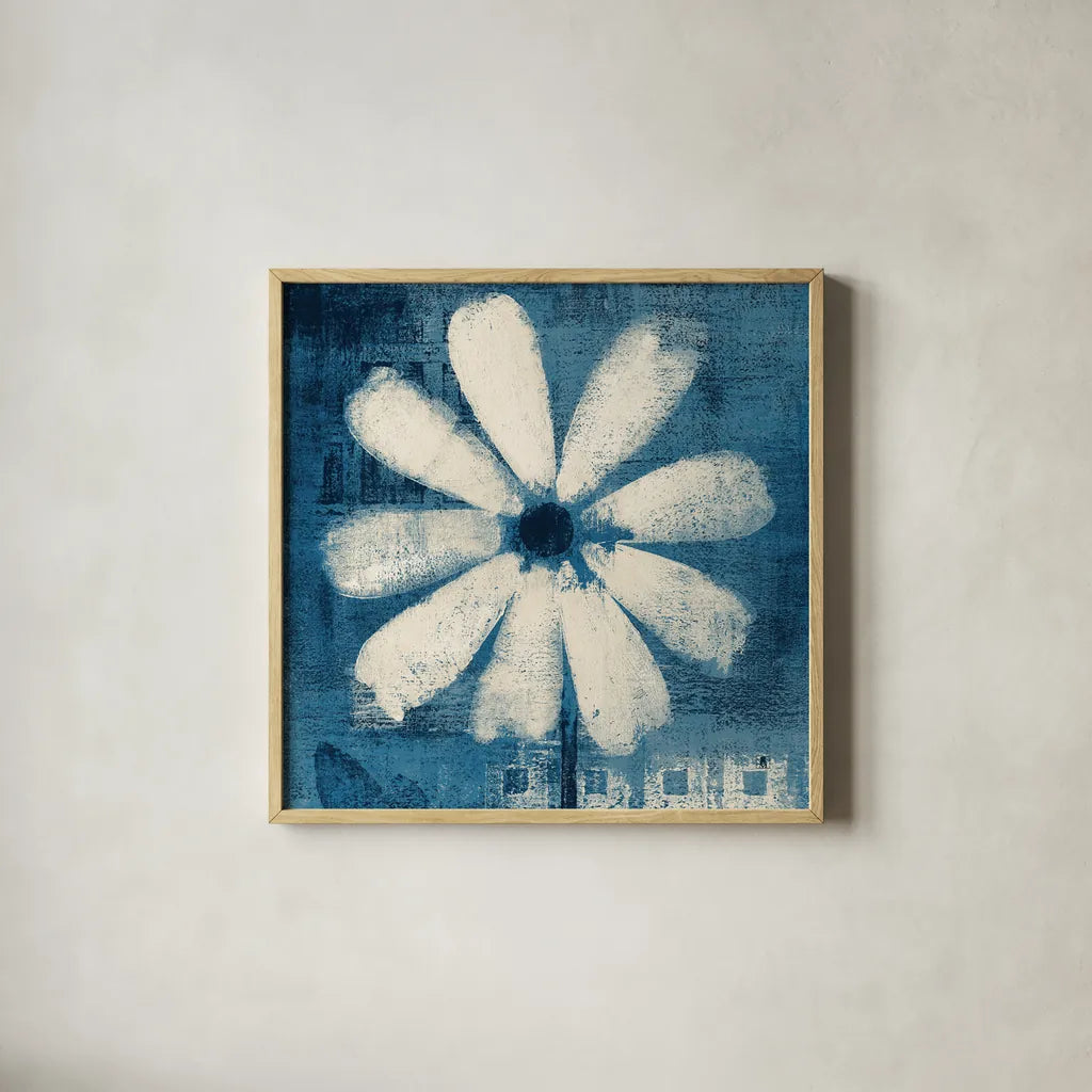 Daisy for Belinda Blue by Studio Mousseau. Shown in a natural wood glass frame for a timeless modern aesthetic. Available as an archival giclee rolled canvas, fine art paper, or poster print. SKU 57129a.