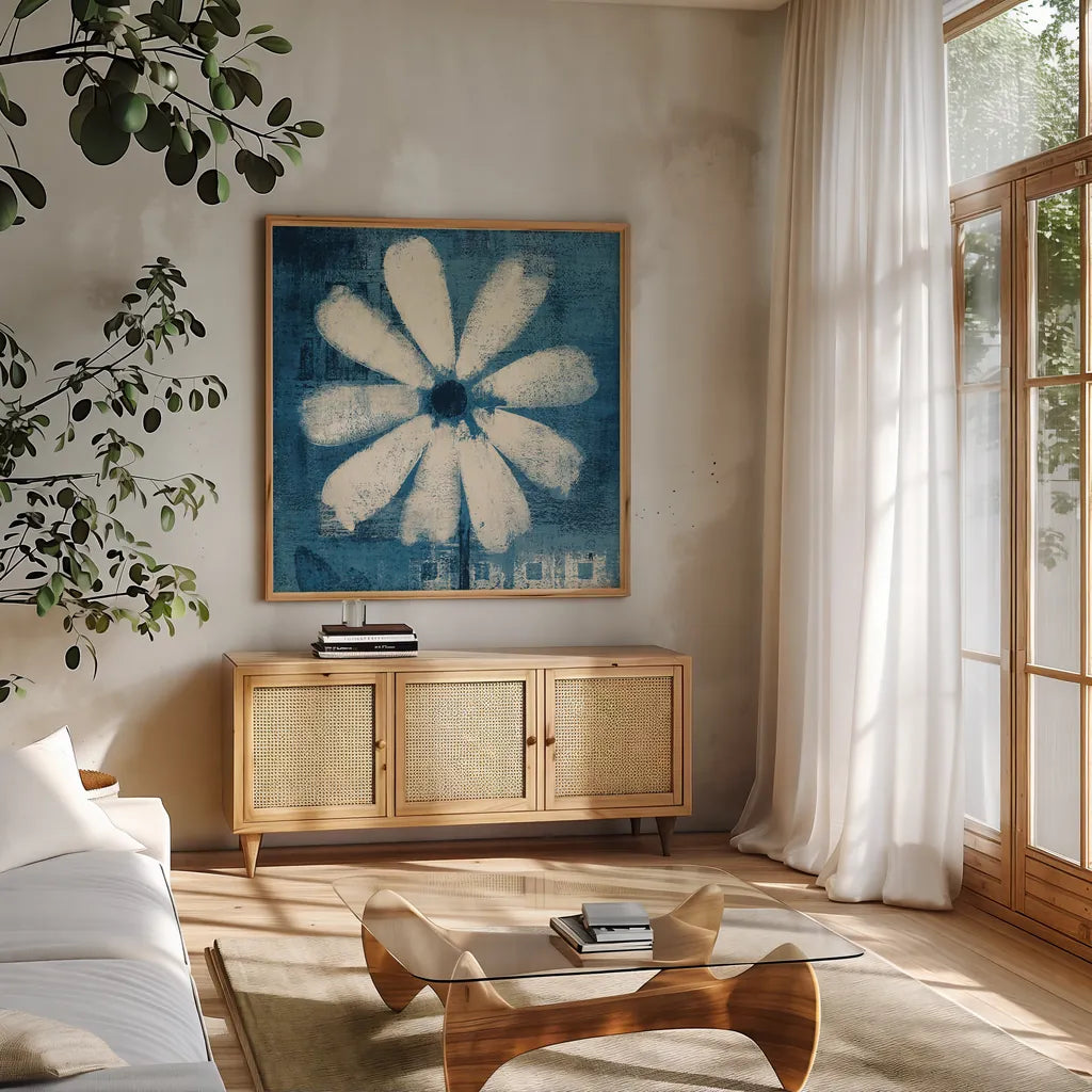 Daisy for Belinda Blue by Studio Mousseau. Shown in a natural wood frame in a cozy modern living room. Available as an archival giclee rolled canvas, fine art paper, or poster print. SKU 57129a.