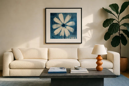 Daisy for Belinda Blue by Studio Mousseau. Displayed in a glass frame with matte in a clean modern living room. Available as an archival giclee rolled canvas, fine art paper, or poster print. SKU 57129a.
