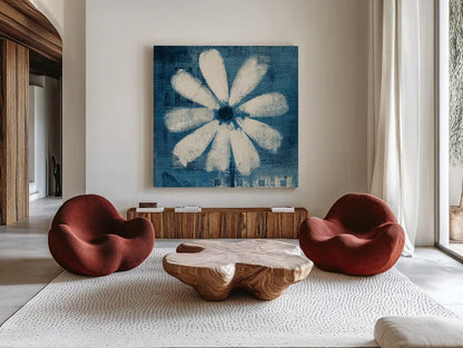 Daisy for Belinda Blue by Studio Mousseau. Shown as extra-large giant wall art in a modern living room. Available as an archival giclee rolled canvas, fine art paper, or poster print. SKU 57129a.