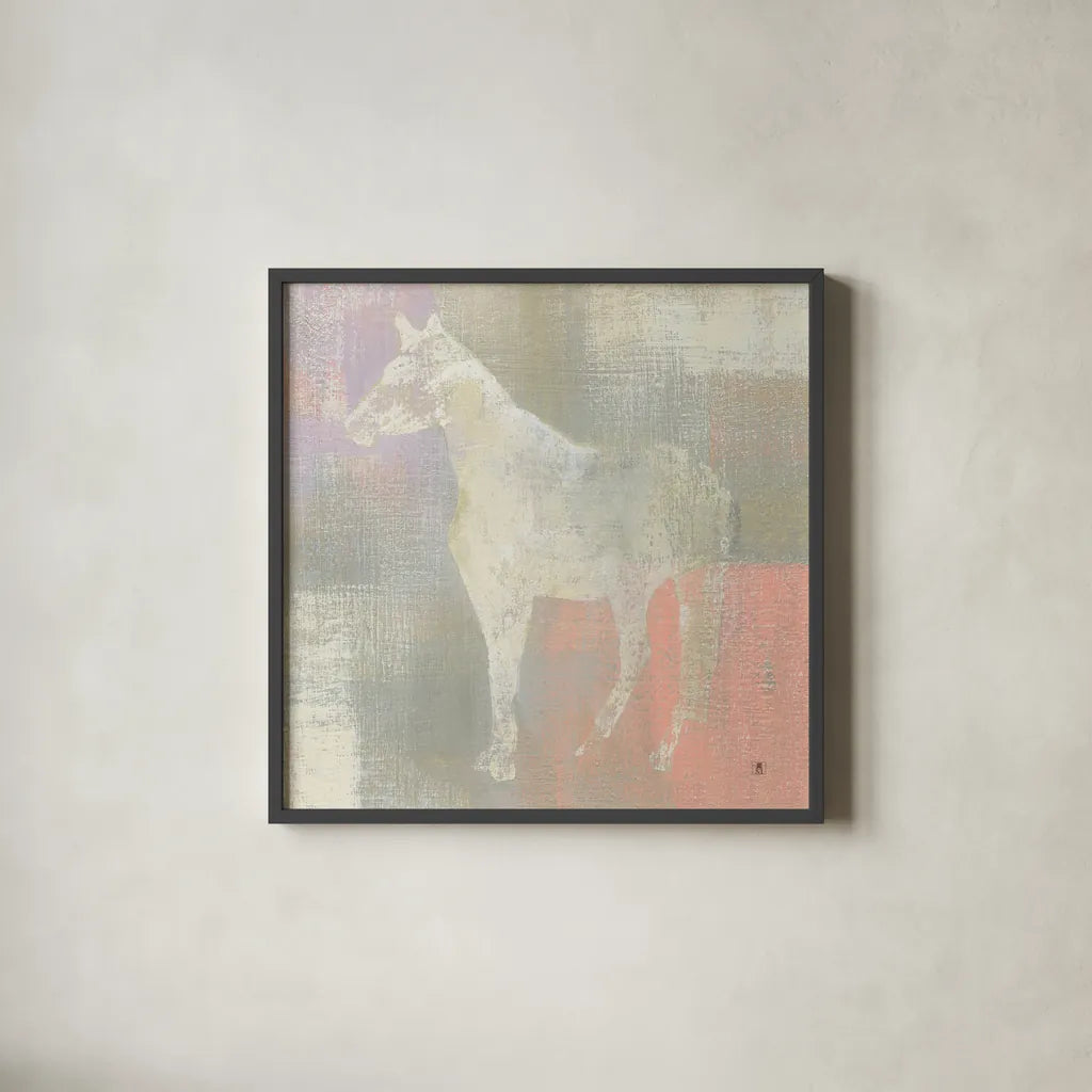 Dusk Pony by Studio Mousseau. Shown in a sleek black glass frame for a contemporary gallery look. Available as an archival giclee rolled canvas, fine art paper, or poster print. SKU 32508a.