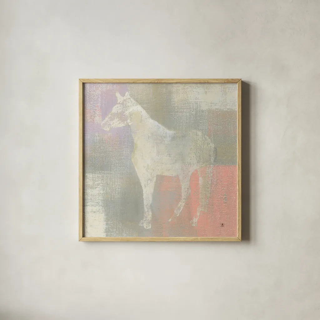 Dusk Pony by Studio Mousseau. Shown in a natural wood glass frame for a timeless modern aesthetic. Available as an archival giclee rolled canvas, fine art paper, or poster print. SKU 32508a.