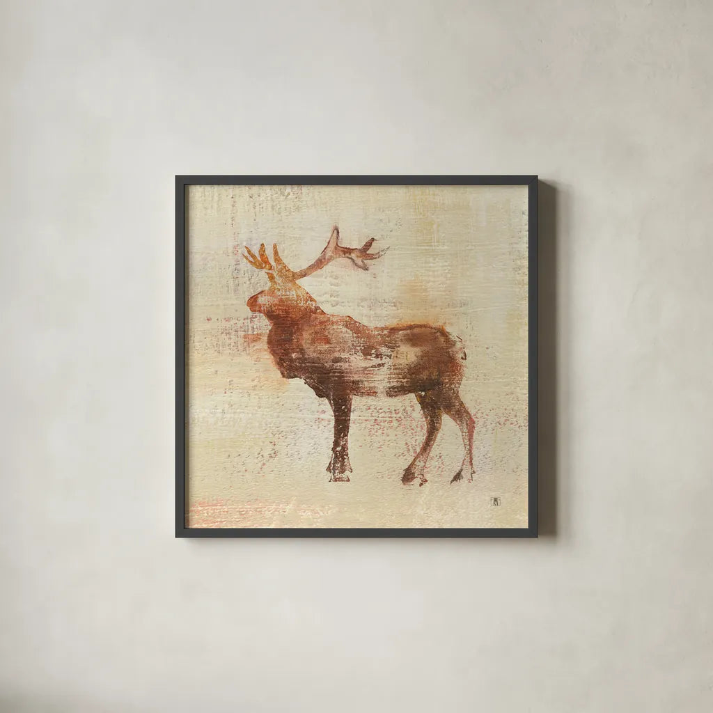 Elk Study by Studio Mousseau. Shown in a sleek black glass frame for a contemporary gallery look. Available as an archival giclee rolled canvas, fine art paper, or poster print. SKU 32509a.