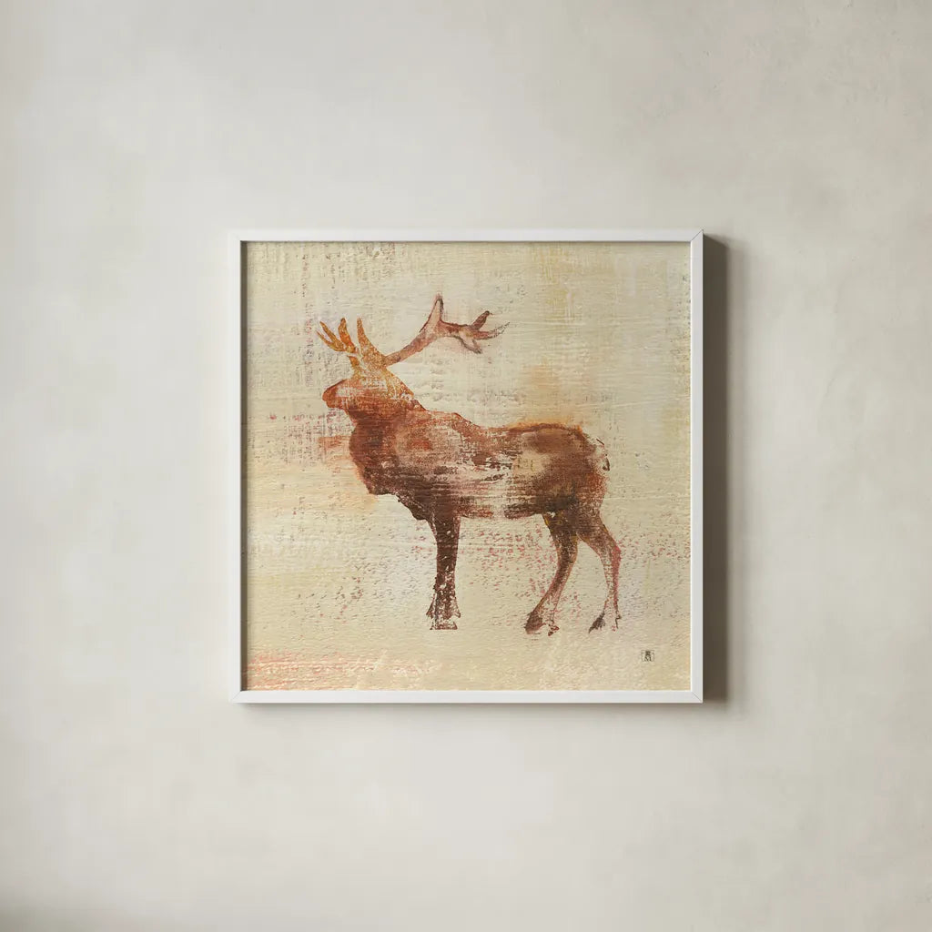 Elk Study by Studio Mousseau. Shown in a crisp white glass frame for a clean and minimalist style. Available as an archival giclee rolled canvas, fine art paper, or poster print. SKU 32509a.