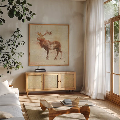 Elk Study by Studio Mousseau. Shown in a natural wood frame in a cozy modern living room. Available as an archival giclee rolled canvas, fine art paper, or poster print. SKU 32509a.