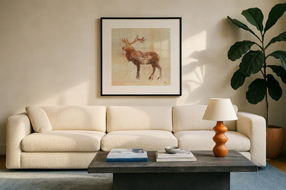 Elk Study by Studio Mousseau. Displayed in a glass frame with matte in a clean modern living room. Available as an archival giclee rolled canvas, fine art paper, or poster print. SKU 32509a.