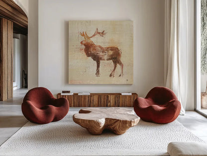 Elk Study by Studio Mousseau. Shown as extra-large giant wall art in a modern living room. Available as an archival giclee rolled canvas, fine art paper, or poster print. SKU 32509a.