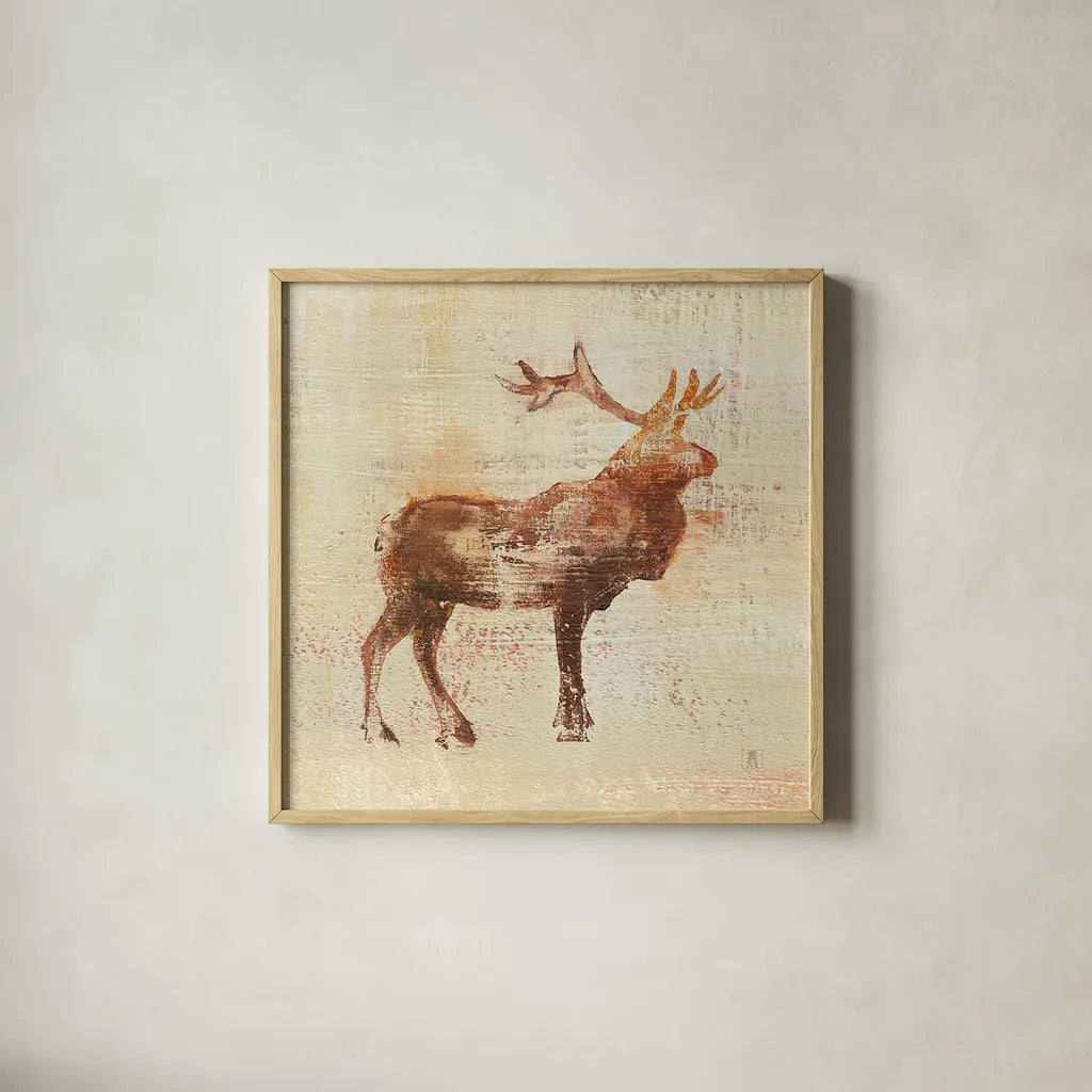 Elk Study v2 by Studio Mousseau. Shown in a natural wood glass frame for a timeless modern aesthetic. Available as an archival giclee rolled canvas, fine art paper, or poster print. SKU 34186a.