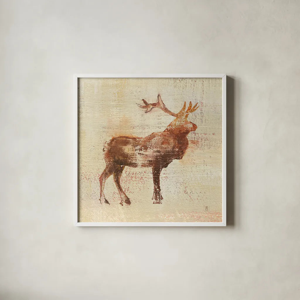 Elk Study v2 by Studio Mousseau. Shown in a crisp white glass frame for a clean and minimalist style. Available as an archival giclee rolled canvas, fine art paper, or poster print. SKU 34186a.