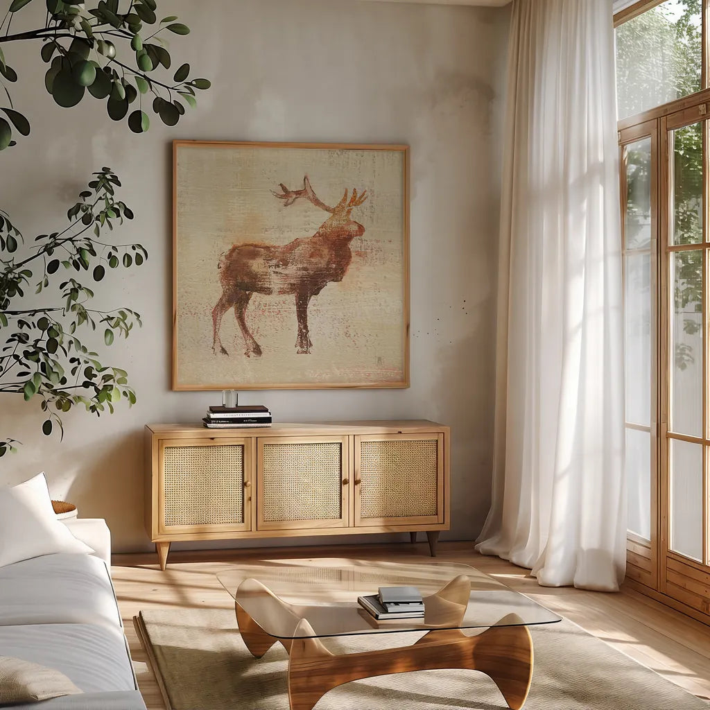 Elk Study v2 by Studio Mousseau. Shown in a natural wood frame in a cozy modern living room. Available as an archival giclee rolled canvas, fine art paper, or poster print. SKU 34186a.