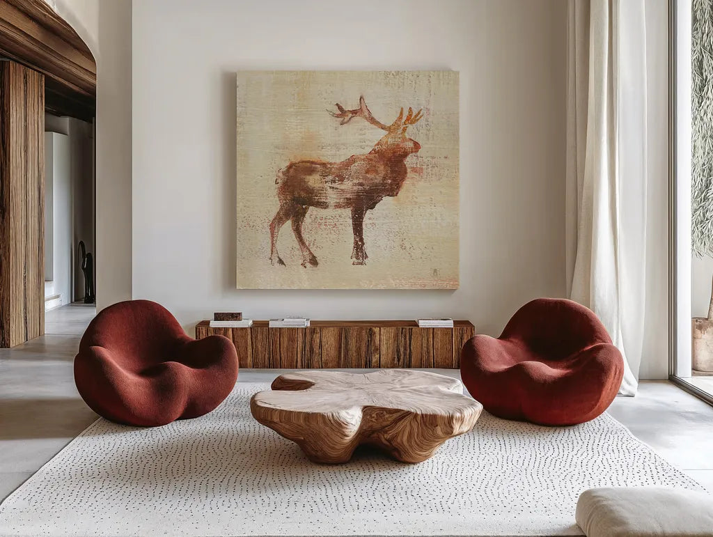 Elk Study v2 by Studio Mousseau. Shown as extra-large giant wall art in a modern living room. Available as an archival giclee rolled canvas, fine art paper, or poster print. SKU 34186a.
