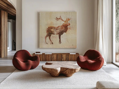 Elk Study v2 by Studio Mousseau. Shown as extra-large giant wall art in a modern living room. Available as an archival giclee rolled canvas, fine art paper, or poster print. SKU 34186a.