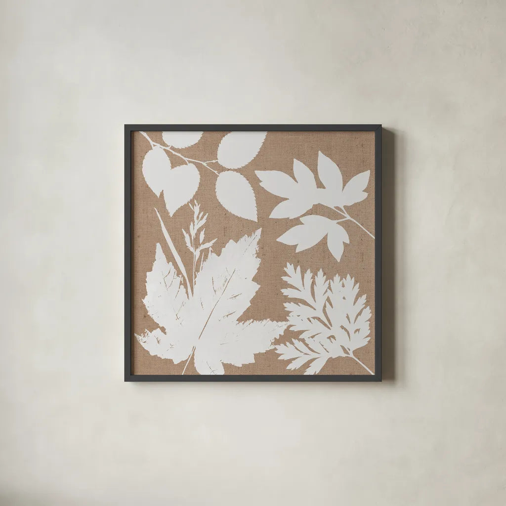 Leaves of Inspiration I Neutral by Studio Mousseau. Shown in a sleek black glass frame for a contemporary gallery look. Available as an archival giclee rolled canvas, fine art paper, or poster print. SKU 77401a.