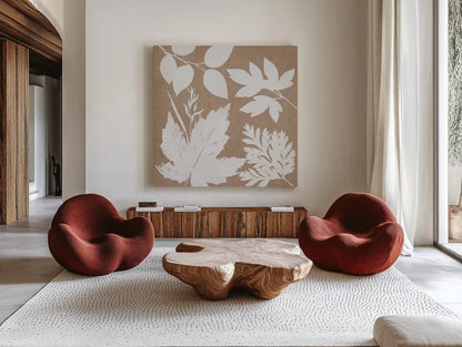 Leaves of Inspiration I Neutral by Studio Mousseau. Shown as extra-large giant wall art in a modern living room. Available as an archival giclee rolled canvas, fine art paper, or poster print. SKU 77401a.