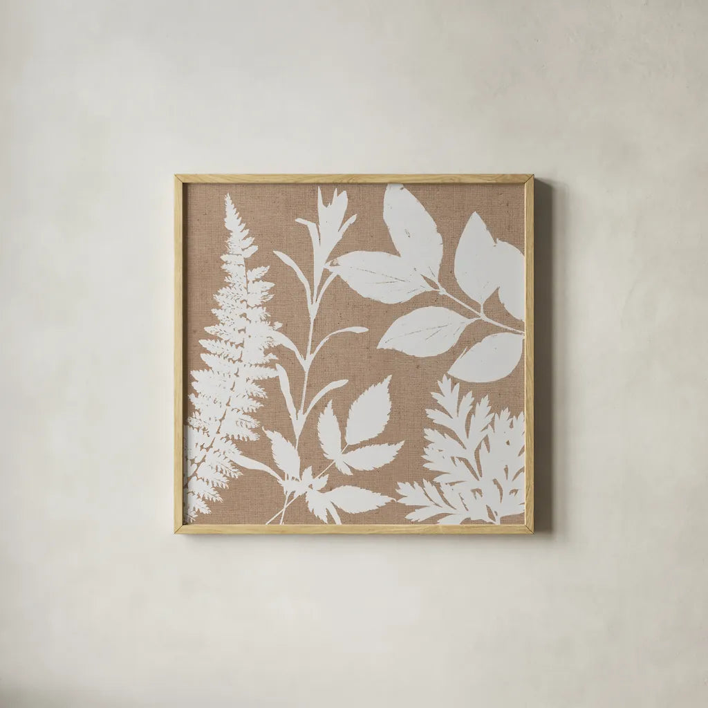 Leaves of Inspiration II Neutral by Studio Mousseau. Shown in a natural wood glass frame for a timeless modern aesthetic. Available as an archival giclee rolled canvas, fine art paper, or poster print. SKU 77402a.
