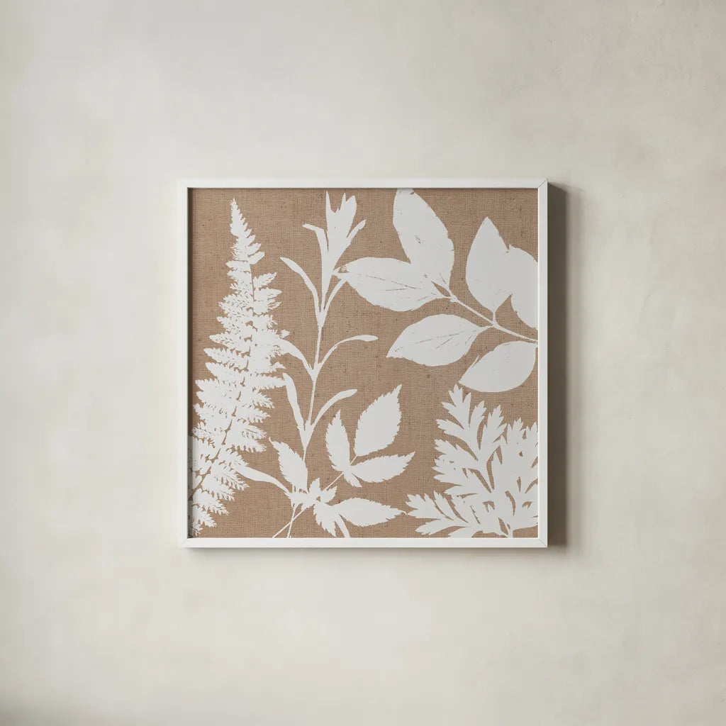 Leaves of Inspiration II Neutral by Studio Mousseau. Shown in a crisp white glass frame for a clean and minimalist style. Available as an archival giclee rolled canvas, fine art paper, or poster print. SKU 77402a.