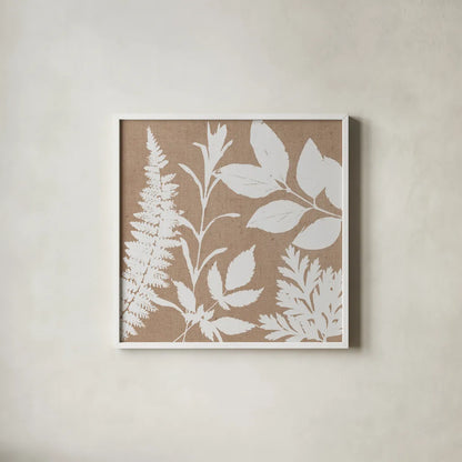 Leaves of Inspiration II Neutral by Studio Mousseau. Shown in a crisp white glass frame for a clean and minimalist style. Available as an archival giclee rolled canvas, fine art paper, or poster print. SKU 77402a.