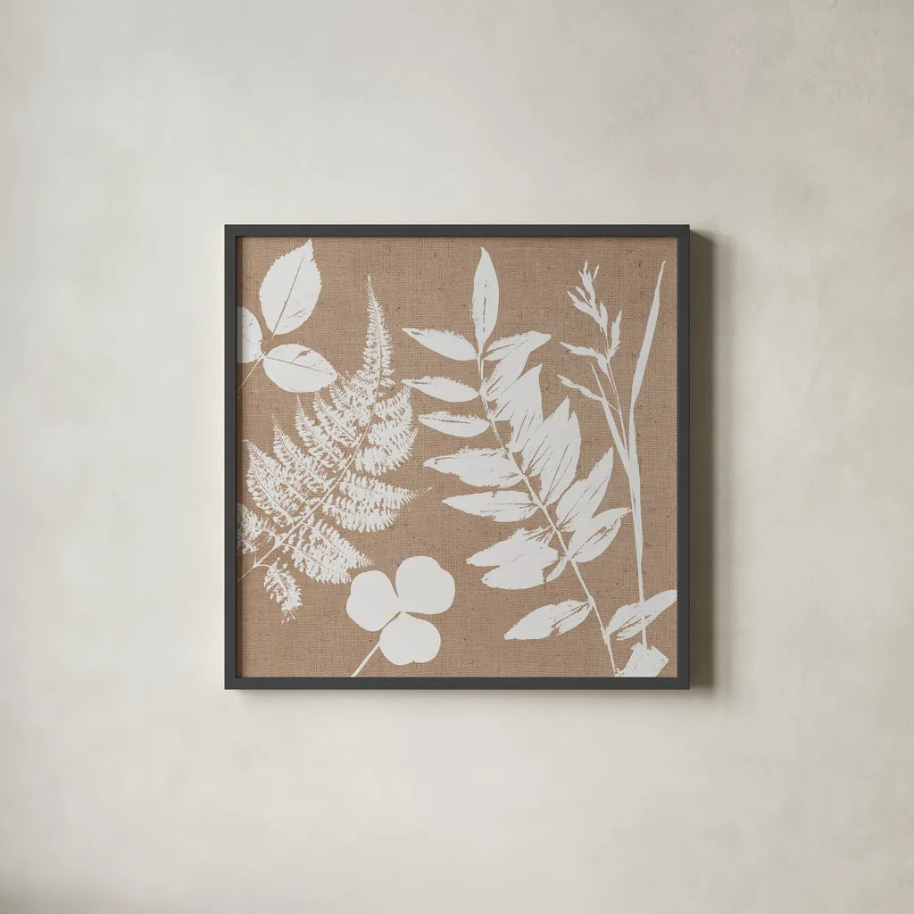 Leaves of Inspiration III Neutral by Studio Mousseau. Shown in a sleek black glass frame for a contemporary gallery look. Available as an archival giclee rolled canvas, fine art paper, or poster print. SKU 77403a.