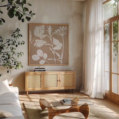 Leaves of Inspiration IV Neutral by Studio Mousseau. Shown in a natural wood frame in a cozy modern living room. Available as an archival giclee rolled canvas, fine art paper, or poster print. SKU 77404a.