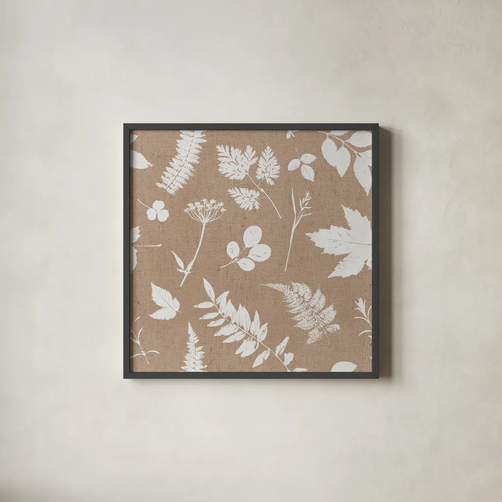 Leaves of Inspiration Neutral Pattern I by Studio Mousseau. Shown in a sleek black glass frame for a contemporary gallery look. Available as an archival giclee rolled canvas, fine art paper, or poster print. SKU 77405a.