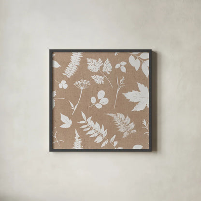Leaves of Inspiration Neutral Pattern I by Studio Mousseau. Shown in a sleek black glass frame for a contemporary gallery look. Available as an archival giclee rolled canvas, fine art paper, or poster print. SKU 77405a.