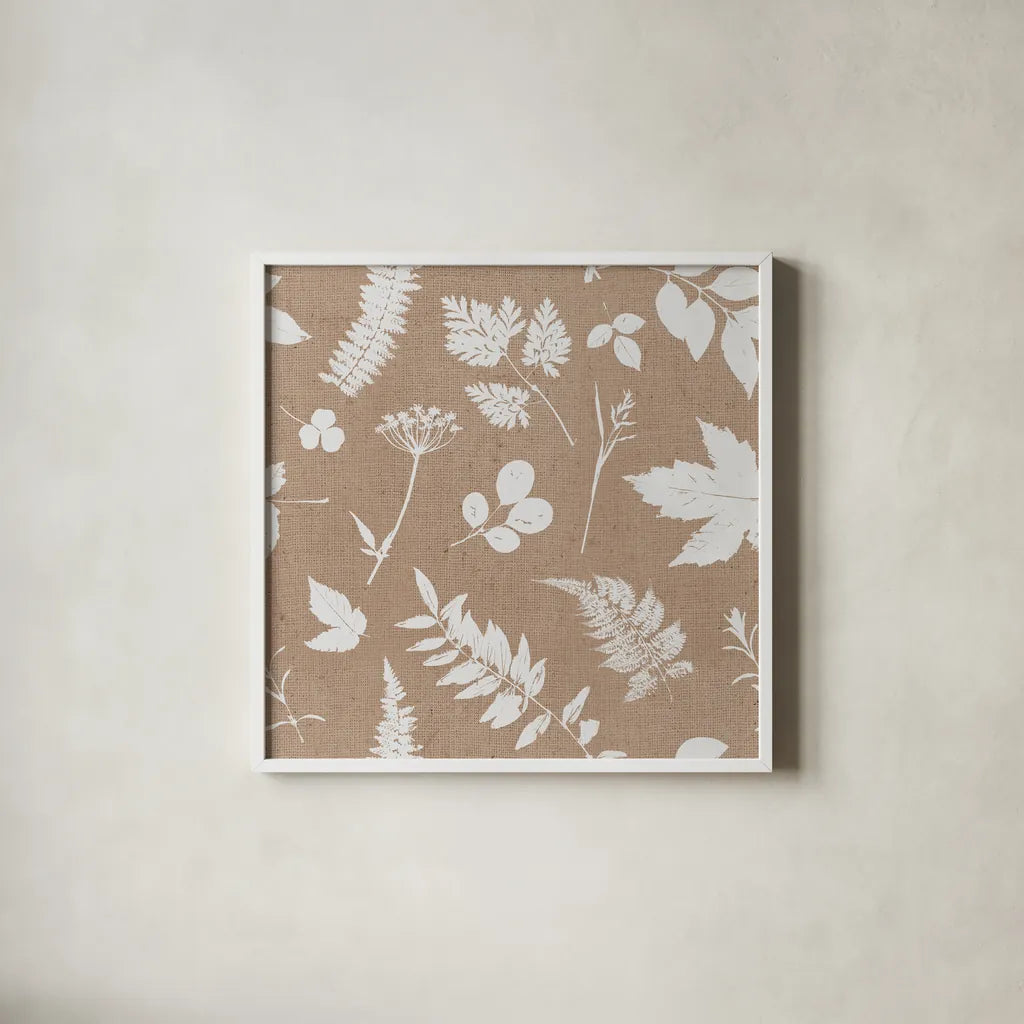 Leaves of Inspiration Neutral Pattern I by Studio Mousseau. Shown in a crisp white glass frame for a clean and minimalist style. Available as an archival giclee rolled canvas, fine art paper, or poster print. SKU 77405a.