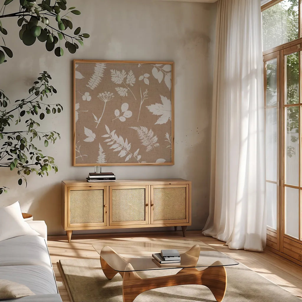 Leaves of Inspiration Neutral Pattern I by Studio Mousseau. Shown in a natural wood frame in a cozy modern living room. Available as an archival giclee rolled canvas, fine art paper, or poster print. SKU 77405a.